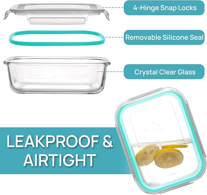 Vtopmart 5Pack 22oz Glass Storage Containers with Lids, Glass Meal Prep Food Container Sets with Snap Airtight Lid for Microwave, Oven, Freezer and Dishwasher, Green
