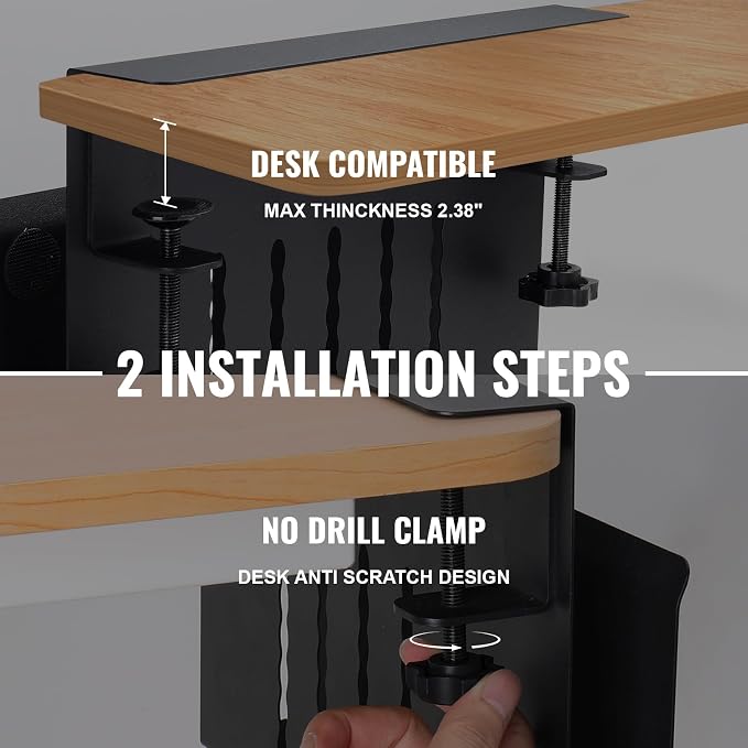 2 Tie Desk Side Storage, Under Desk Storage Organizer, Black | osseph Desk Storage, No Drill Clamp to 0.5-2.38" Desks, Cooling Vents Vertical Rack, Magnetic Pen Holder, 30 Lbs Carbon Steel