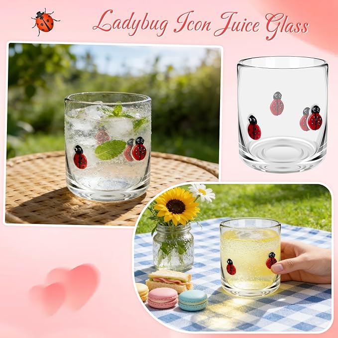 14 Ounce Icon Juice Glasses, Aesthetic Cocktail & Old Fashioned Drinking Glasses, Iconic Clear Glass Cups for Women, Sister, Friend & Party Gifts (Ladybug)