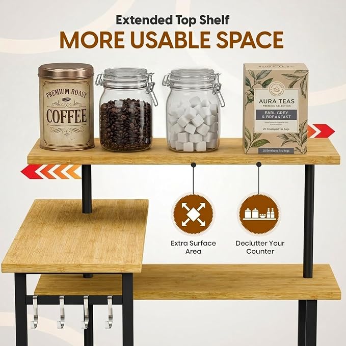 3-Tier Bamboo Corner Organizer Countertop Shelf | Extended top shelf, coffee bar organizer, kitchen counter corner shelf, bathroom vanity, spice rack, space saving bamboo