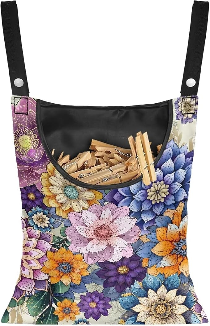 Mandara Boho Clothespin Bag Flowers Clothespin Bag for Clothesline Outdoor Clothespin Storage with Hanger Hook Clothespin Bags Hanging Outdoor Waterproof Clothespin Storage