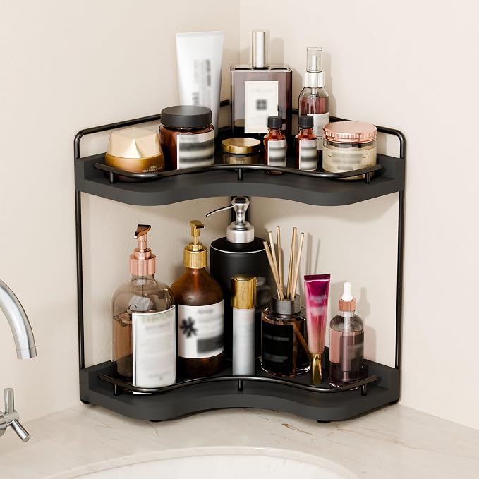 2-Tier Corner Bathroom Counter Organizer for Storage, Black | Larger Size, Solid Wood, Embedded Screw Holes, sink and Vanity Countertop Organizer for Perfume, Skincare & Makeup Storage