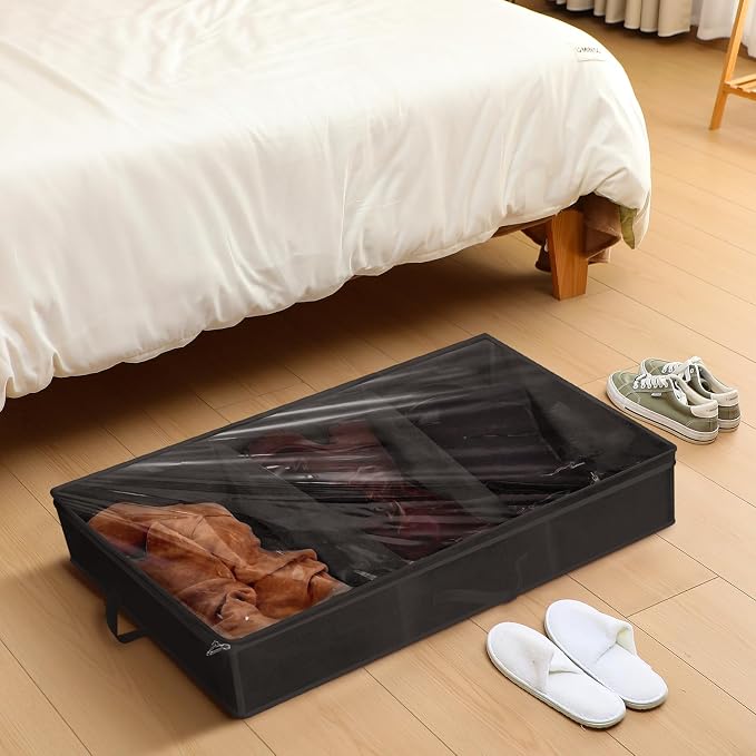 SATINIOR 3 Pcs 3 Section Under Bed Shoe Storage Boot Bag Black Underbed Shoe Organizer with Large Clear Pockets Fabric for Storage Men's and Woman's Boots