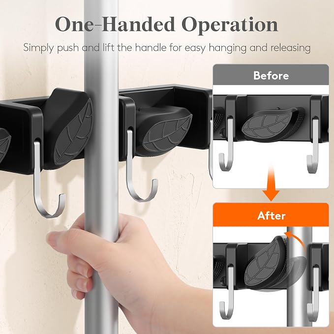 Lifewit Broom and Mop Holder Wall Mount, Non-Slip Cleaning Tool Hanger Organizer with 6 Hooks 5 Slots, Heavy Duty Hanging Broom Utility Rack for Kitchen, Garden, Garage, Laundry, 1 Pack, Black