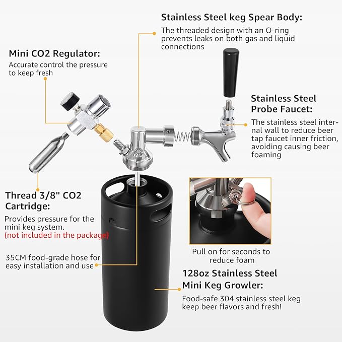 Hgkeke128OZ Mini Keg Growler,Stainless Steel Beer Keg Tap System Portable Draft Beer Dispenser to Keep Fresh and 55PSI CO2 Pressure Growler Carbonation, Beer Tap System for Homebrew,Camping,BBQ(Black)