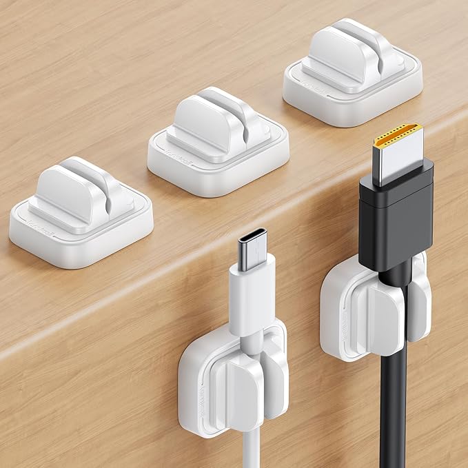 Lamicall 5Pack Cable Spring Fixed Organizer Clips, Cord Organizer for Desk - Adjustable Cord Wire Holder Keeper, Phone Charger Cord Organizer Clips, Wire Cable Management for Nightstand, White