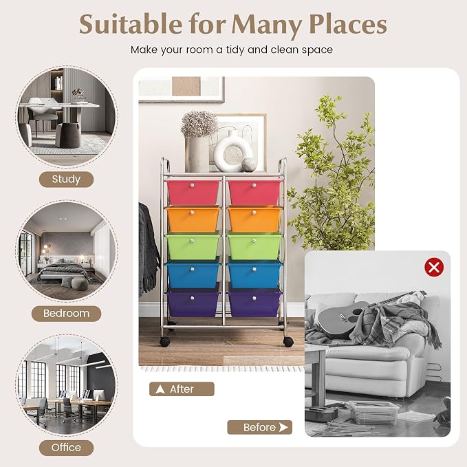 COSTWAY 10 Drawer Rolling Storage Cart, Utility Cart with Lockable Wheels | Mobile Art Supply Craft Organizer with Metal Frame, Multipurpose Drawer Cart for Paper for Office, School, Rainbow