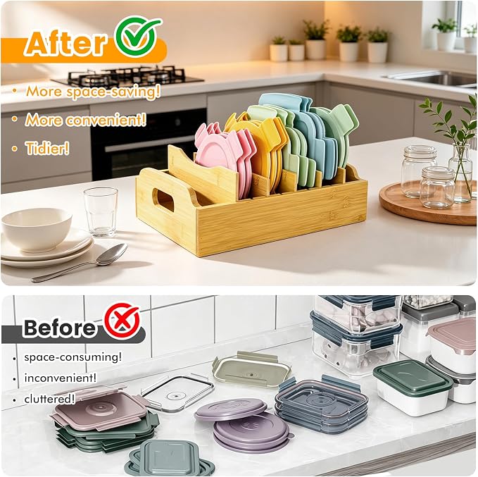 Artcochan 2 Pack Bamboo Lid Organizer, 10.6" x 8.2"/13.2" x 10"Food Storage Container Lid Holder with Adjustable Dividers, Kitchen Storge and Organization Rack for Cabinet Drawer and Countertop