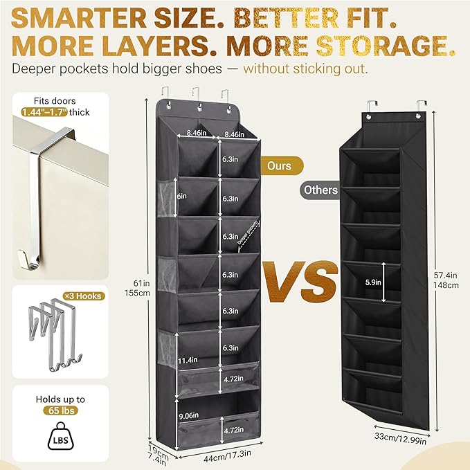 HOMELUX THEORY 8 Tier Hanging Shoe Organizer for Closet, Over the Door Shoe Organizer with Deep 120D Extra Thick Pockets, Shoe Rack for Closet & Entryway, with 6 Side Pockets for Boots (Transparent)