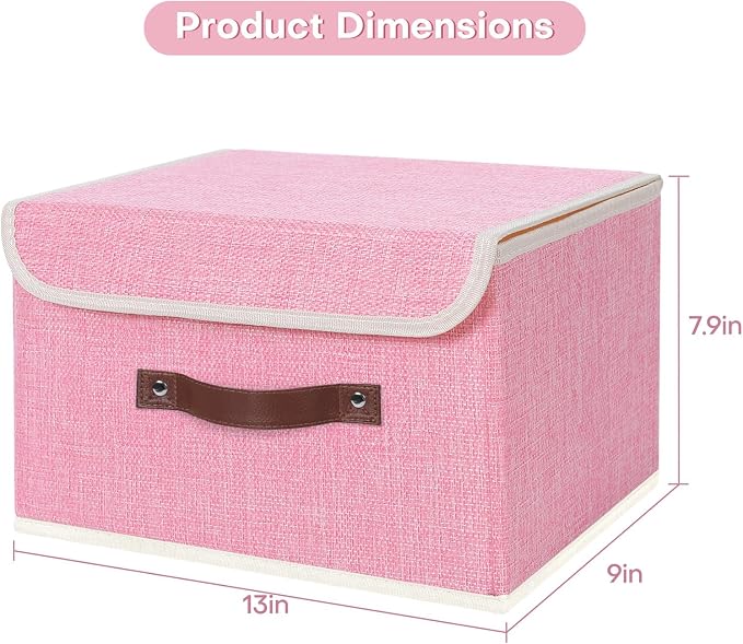ANMINY Storage Bin with Lid Storage Boxes with PU Leather Handles PP Plastic Board Decorative Foldable Lidded Cotton Linen Fabric Home Cubes Baskets Closet Organizer Container - Pink, Medium