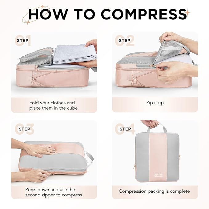 OlarHike 8 Set Compression Packing Cubes for Travel Gifts Mom Women,Airplane/Cruise/Car Travel Essentials,Compressible Expandable Space Saver Bags,Garment Bags with Over 1000 pcs Mesh Holes(Beige)