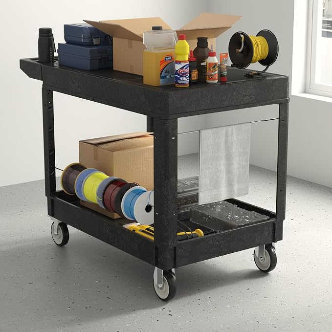 Plastic Utility Cart on Wheels, Large Flat Top Rolling Service Cart-Black | 46 x 25 Inch 2 Shelf Work Carts, 500 lbs Capacity Heavy Duty Tool Cart W/Tub Storage, for Warehouse, Garage, Cleaning