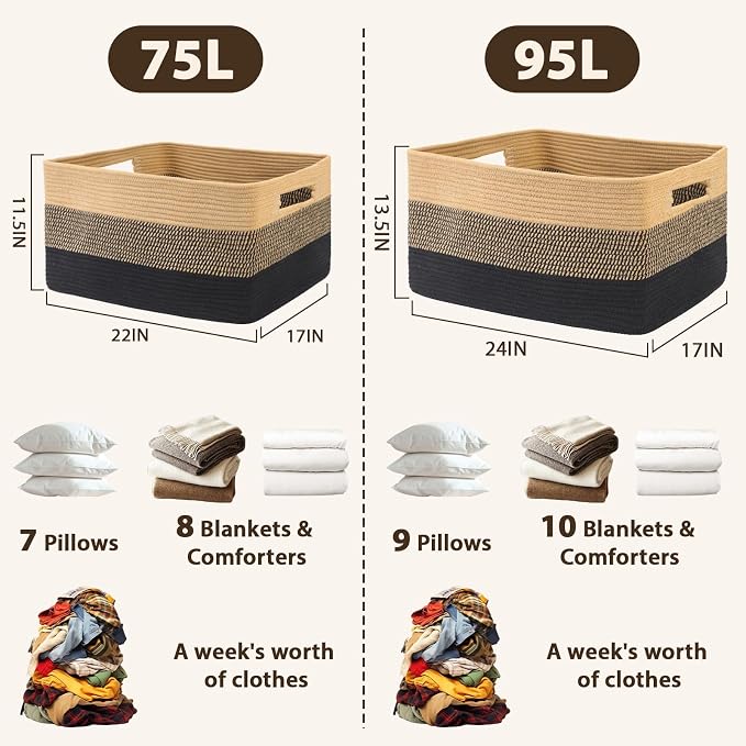Optish 95L Large Blanket Basket, Woven Storage Baskets with Reinforced Handles, Rope Laundry Basket for Living Room, Bedroom, Nursery, Toys, Clothes,Pillows, 24” x 17” x 13.5”, Black & Brown
