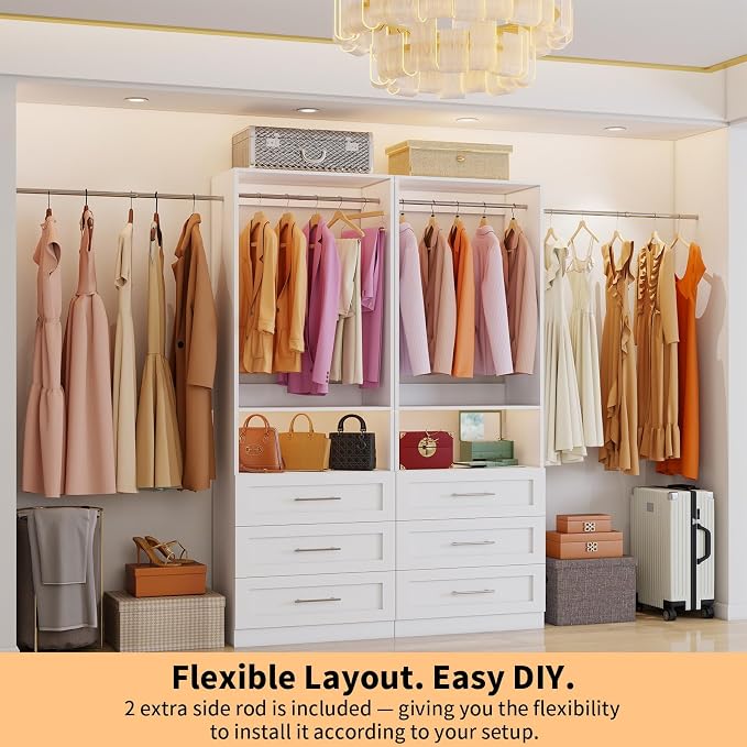 Closet System with 2 Sets, 4FT-10FT Customizable Closet Organizer System with 6 Wooden Drawers & 2 Shelves & 4 Hanging Rods, Walk-in Closet or Freestanding Tower Closet Storage System, White