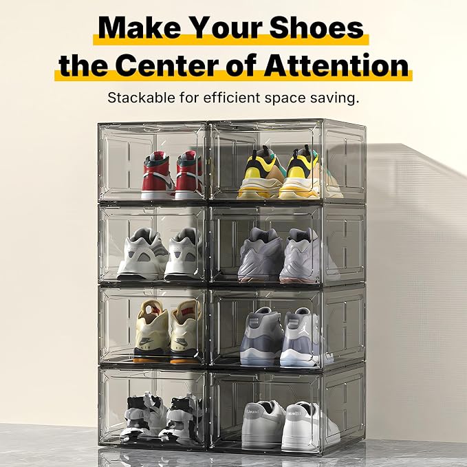 6 Pack Stackable Clear Shoe Boxes with Black Frame, Large Plastic Shoe Organizer Storage Bins for Sneakers & Boots, Magnetic Front Door, Space Saving Closet Shoe Case