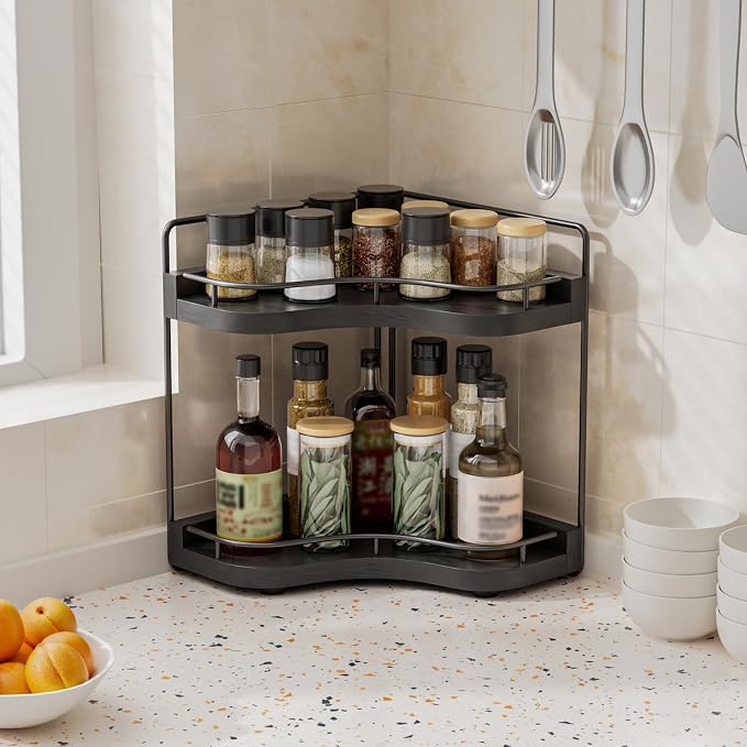 2-Tier Corner Bathroom Counter Organizer for Storage, Black | Larger Size, Solid Wood, Embedded Screw Holes, sink and Vanity Countertop Organizer for Perfume, Skincare & Makeup Storage