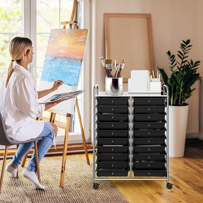 COSTWAY 20-Drawer Rolling Storage Cart, Utility Storage Organizer Cart | For Tools, Scrapbook, Paper, Craft, Multipurpose Storage Trolley on Wheels for Home Office School (Black)