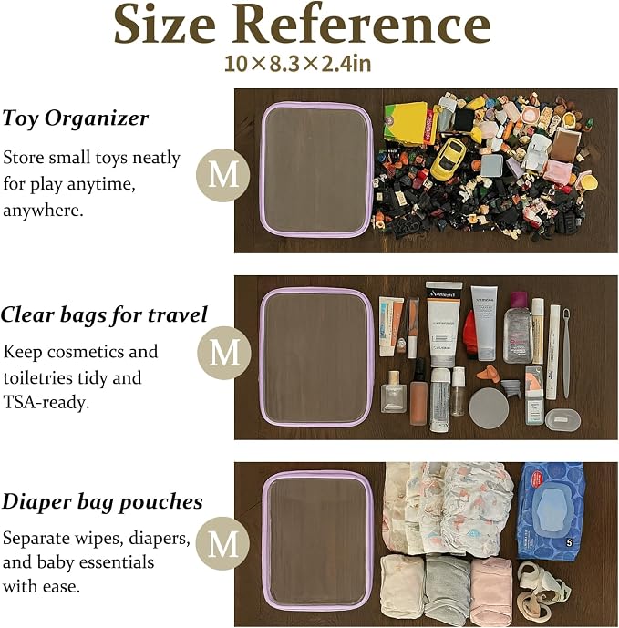 4 pcs Clear Zipper Pouches,Hard Shell Zipper Case, Toiletry Bag for Travel, CLear Diaper Bag, Toiletry Pouch, Travel Organizer, Cosmetic Bag,Toy Storage Bins (M+3S) (Lavender)