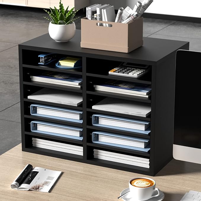 VEVOR Literature Organizers, 12 Compartments Office Mailbox with Adjustable Shelves，Wood Literature sorter 20.4x12x16.1 inches for Office, Home, Classroom, Mailrooms Organization, EPA Certified Black