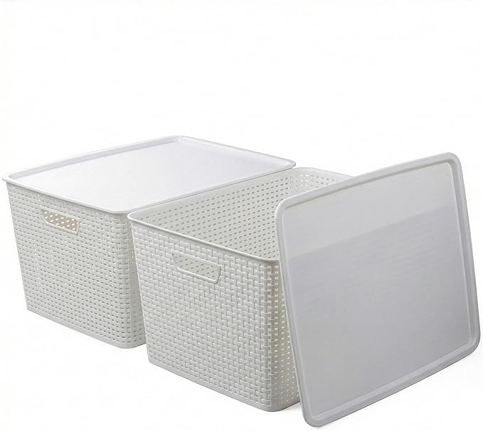 BINO | Plastic Storage Baskets with Lids, 45 Liter - 3 Pack, White | THE WOVEN COLLECTION | Storage Basket for Shelves | Woven Storage Baskets for Organizing Bins Pantry Shelf Organizer Container Bin
