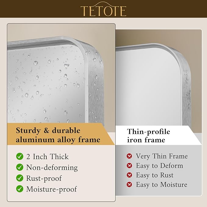 TETOTE 40 x 30 Inch Bathroom Mirror, Silver Framed Wall Mounted Brushed Silver Metal Rectangle Modern Vanity Mirror (Horizontal/Vertical)