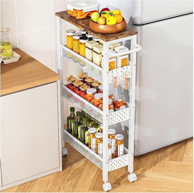 Vivihomety Utility Slim Storage Cart, 4 Tier Small Rolling Kitchen Laundry Room Cart with Wood Top, Metal Bathroom Storage Cabinet Mobile Shelf Unit Organizer Trolley with Handle for Narrow Space