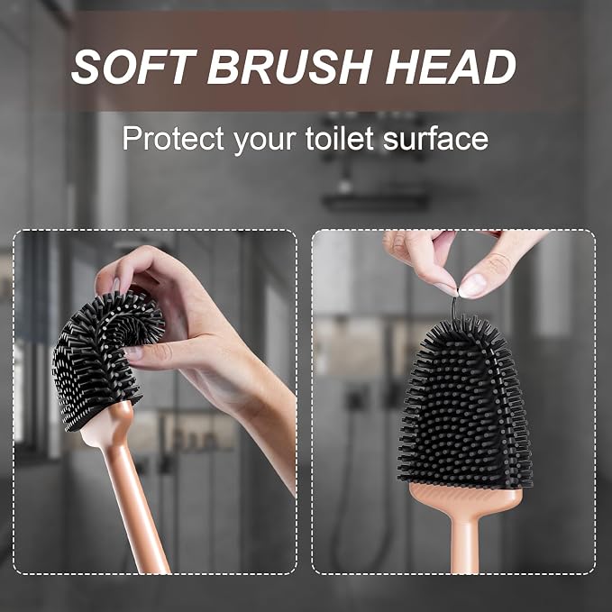 Sellemer Silicone Toilet Brush, Ventilation Slots Holder 1 Pack, Rose Gold | Flexible Bristles Flat Head for Rim, Hair Tangle-Free, Easy to Clean, Compact Design, Rustproof Handle, for Toilet/Sink/Tub
