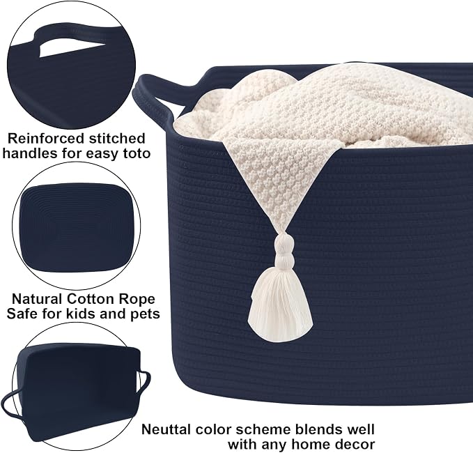 65L Collapsible Woven Rope Laundry Basket with Handles,Navy | 21x16x12 Foldable Rectangular Blanket Basket for Toys, Clothes & Pillows,Ideal for Nursery, Bathroom, Bedroom, Living Room