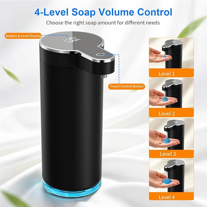 Automatic Liquid Soap Dispenser, 304 Stainless Steel Bottle Body &12 oz/350ml Rechargeable, 4 Adjustable Liquid Levels, IPX5 Waterproof for Bathroom,Kitchen,Hotel(Stainless Steel for Liquid Soap)