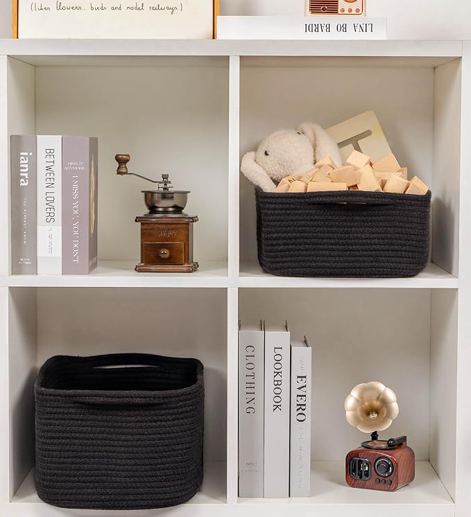 CubesLand Cute and Durable Small Cotton Rope Basket for Organizing | Woven Closet Storage Bin,Shelves Closet Storage Basket, Bathroom Storage Organizer Bin, Nursery Toy Basket Bin, Black Basket