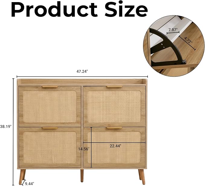 Shoe Storage Cabinet for Entryway, Slim Freestanding Rattan Shoe Cabinet with 3 Flip Drawers, Hidden Shoe Organizer Cabinet, Narrow Shoe Rack , Farmhouse Design (4 Flip Drawer - Breathe Rattan)