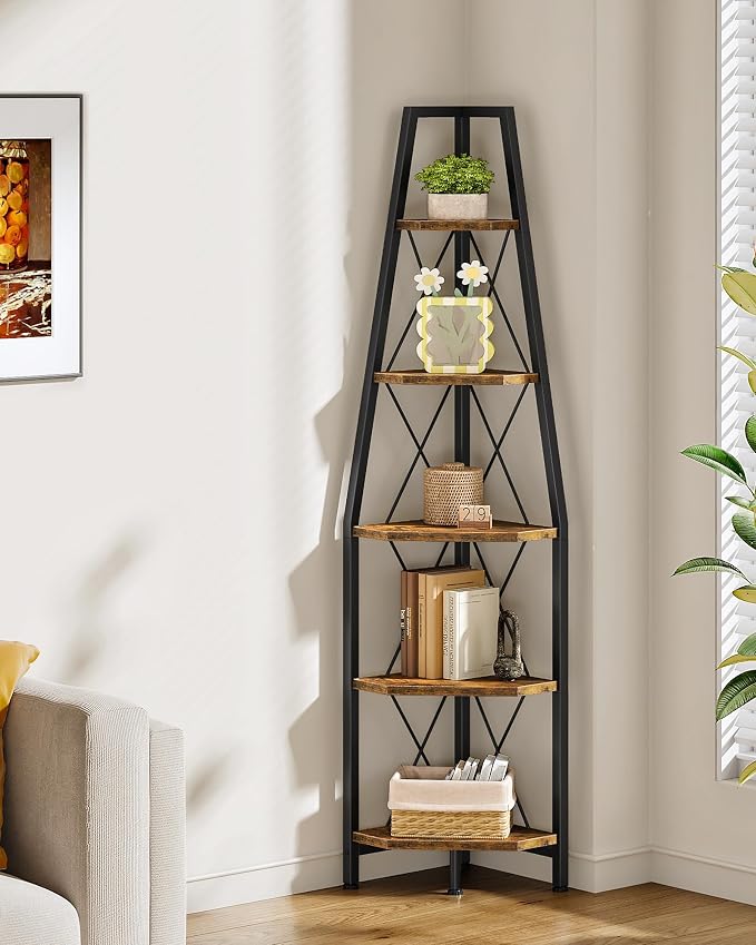 CHOEZON 5-Tier Corner Shelf, Corner Bookshelf, Ladder Shelf, Floor Standing Storage Rack, Open Display Stand, Plant Stand, for Living Room, Bedroom, Study, Bathroom, Rustic Brown and Black TCJ22BF