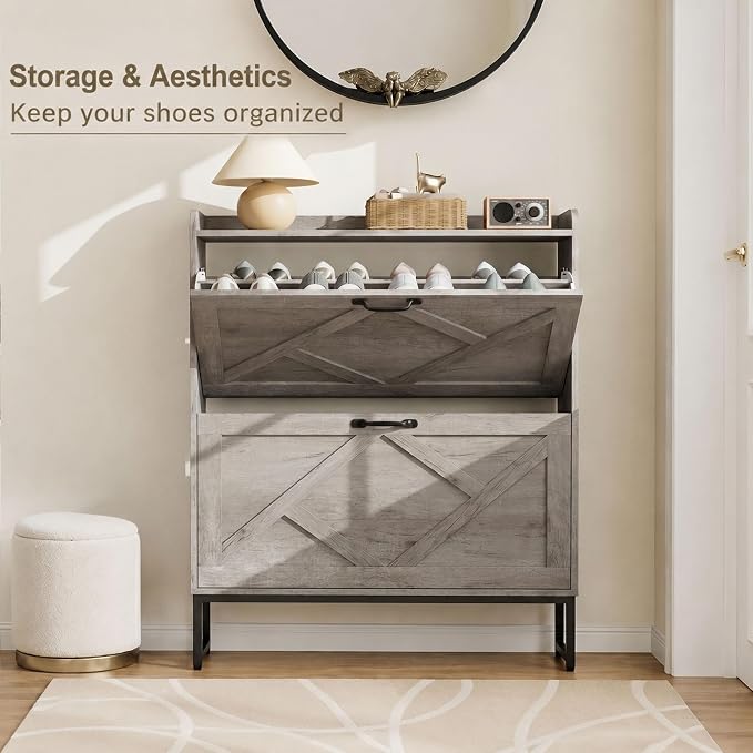 Nicetree Shoe Cabinet Storage for Entryway, Slim Shoe Storage Cabient with 2 Flip Drawers, Narrow Vertical Shoe Rack Cabinet with Metal Hooks, Small Space Solution for Hallway, Grey