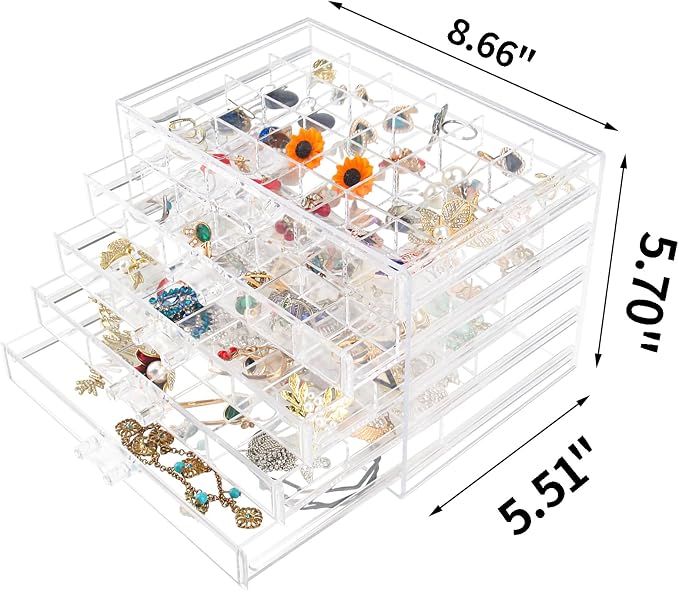 Ptaedex Jewelry Organizers and Storage, Acrylic Jewelry Box with 5 Drawers | Clear Jewelry Storage Box, Large Capacity Jewelry Holder for Rings, Earrings, Necklaces, Beads, Brooches, Hair Accessories