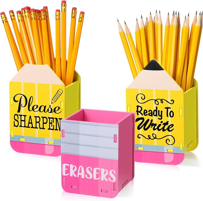 DoubleFill 3 Pcs Sharp and Dull Pencil Holder Eraser Buckets Wooden Shaped Dispenser for Back to School Teachers Classroom Management(Yellow Ready to Write)