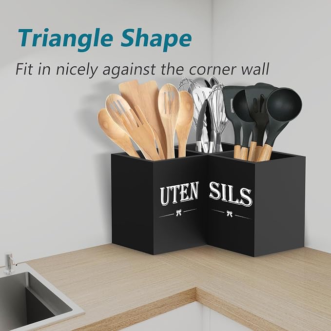 Suli Extra Large Utensil Holder Countertop for Kitchen Counter,Wood,Black | Hold 40 Utensils,4 Removable Divider,Rutic Silverware Organizer Caddy,Spacesaving,Farmhouse Cooking Crock for Spatula,Spoon