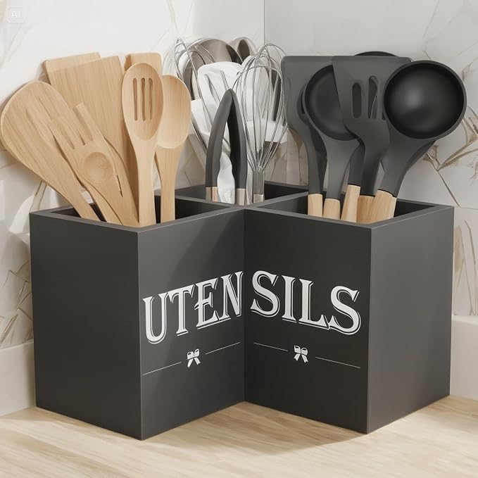 Suli Extra Large Utensil Holder Countertop for Kitchen Counter,Wood,Black | Hold 40 Utensils,4 Removable Divider,Rutic Silverware Organizer Caddy,Spacesaving,Farmhouse Cooking Crock for Spatula,Spoon