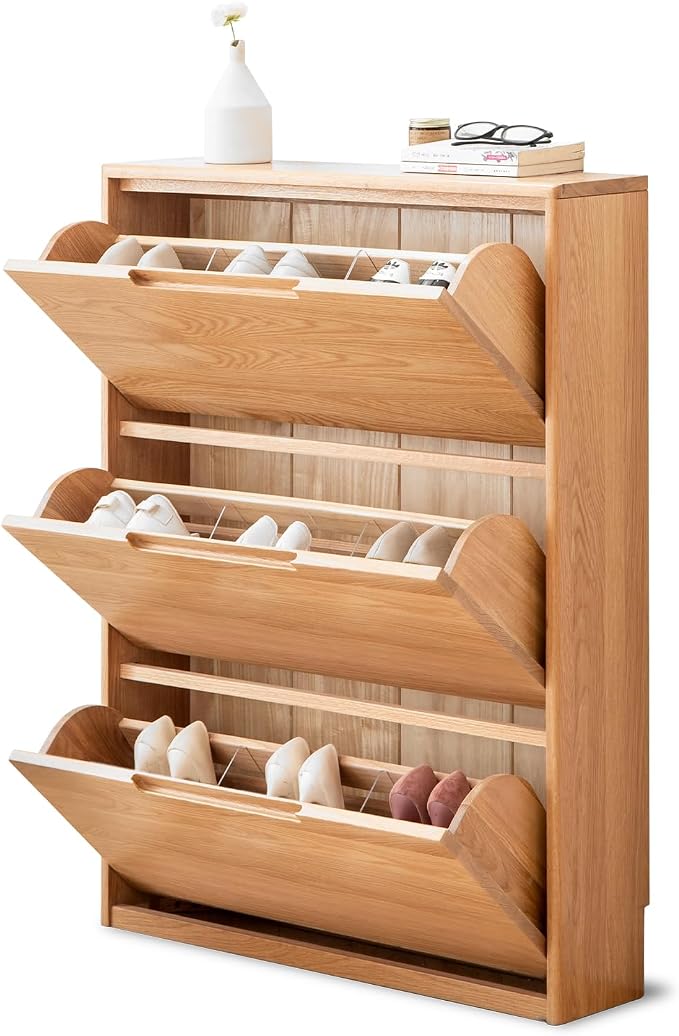 Fully-Assembled Oak Shoe Cabinet with 3 Flip Drawers, Solid Wood Shoe Storage Cabinet, Narrow Shoe Organizer for Entryway, 7.9" x 33.5" x 45.7", Oak Wood, Natural