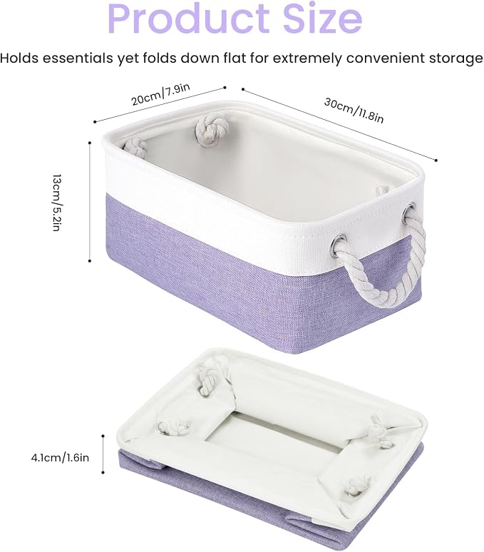 Storage Baskets for Shelves 11.8x7.9x5.2 Inch, Foldable Fabric Storage Bins with Handles, Small Storage Baskets for Organizing Closet, Office, Home Organization (6-Pack, White&Purple)