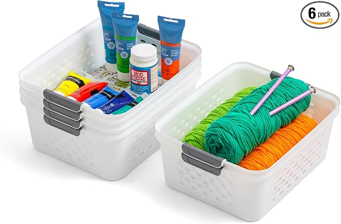 IRIS USA 6-Pack, Small Plastic Storage Basket, White | Organize pantry items, office supplies, crafts, accessories, and household essentials with easy-carry storage for shelves