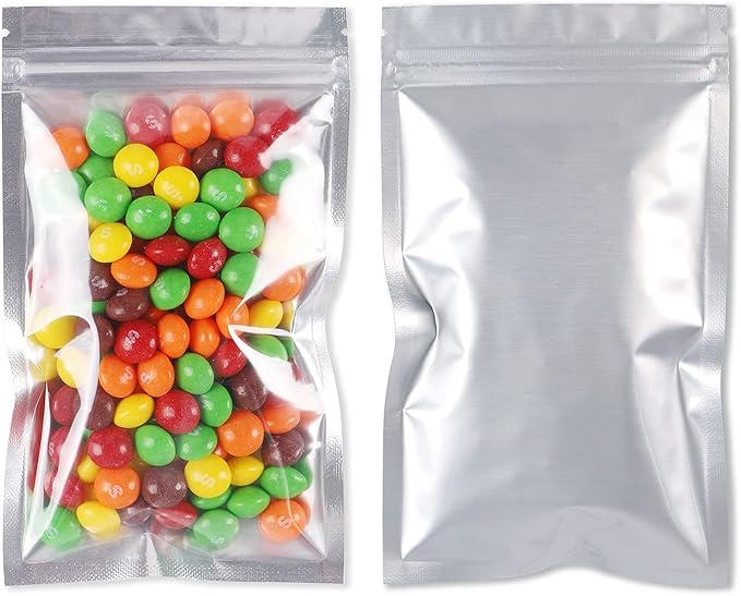 100 Pack Mylar Bags for Food Storage 5.5 x 7.9 Inch Resealable Smell Proof Bags with Clear Window Aluminum Foil Packaging Pouch Bag Silver