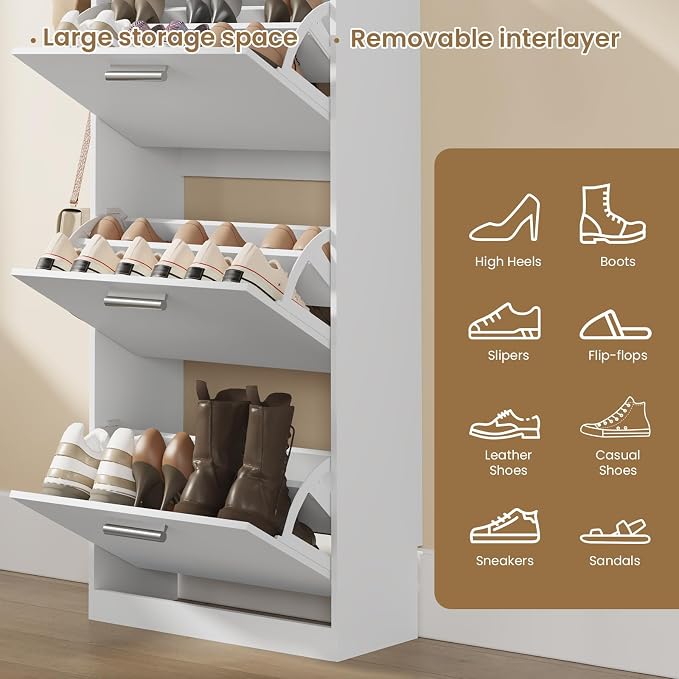 Shoe Cabinet Organizer with 2 Flip Drawers，Freestanding Shoe Rack Cabinet，Narrow Shoe Cabinet Storage for entryway，Foyer, Hallway, White UM2SC423W