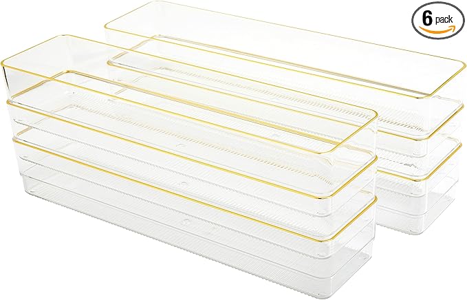 Martha Stewart Kerry Plastic Stackable Office Desk Drawer Organizers, 12" x 3", 6 Pack, with Gold Trim