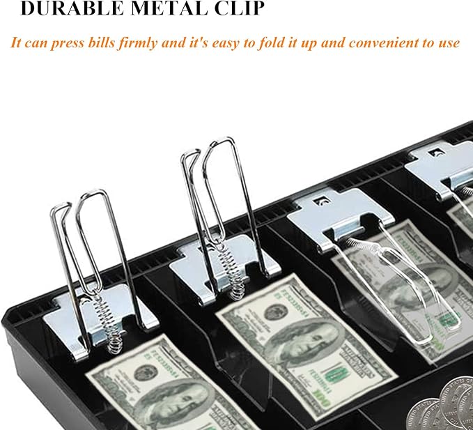 Money Tray Cash Register Drawer Insert Tray Portable Currency Till Replacement Money Organizer Storage Box with 5 Bills 4 Coins Compartments (5 Bills 4 Coins Metal Clip)