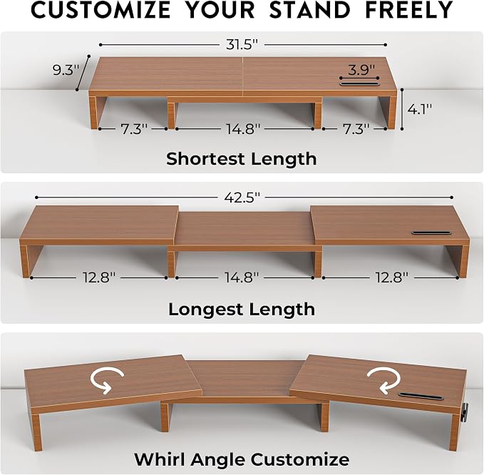 BONTEC Dual Monitor Stand Riser with Smartphone Holder, Adjustable Length & Swivel Angle, Ergonomic Wooden Desktop Organizer for PC Monitor, Laptop, Printer, Large Storage, 42.5 in, Walnut