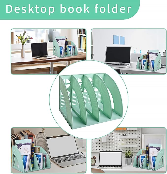 A4 File Holder Magazine File Folder Desk Organizer, 4 Vertical Compartments Bookshelf Document Divider Paper Box Bookends for Office Home Organization and Storage Racks