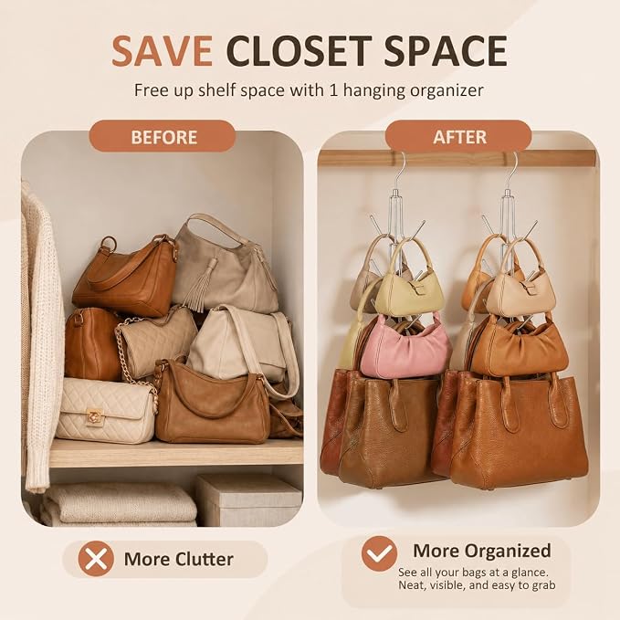 ZEDODIER 4 Pack Purse Organizer for Closet, Heavy-Duty Hanging Purse Hanger Closet Holds Up to 24 Purses, Metal Rotating Space Saving Bag Holder Handbag Storage Hook Backpack Rack, Silver