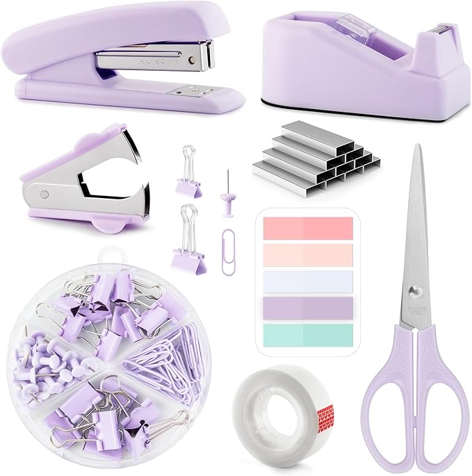 Purple Office Supplies, Kids Office Supplies and Accessories, Office Desk Set with Stapler, Tape Dispenser, Staple Remover, Clips and Scissors for Women, Boss Lady, Coworkers, Office Clerks, Kids