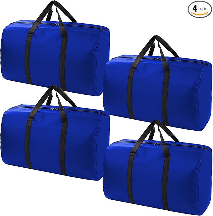 4 Pack 96L Extra Large Moving Bags with Zippers & Carrying Handles for Storage, Packing, Traveling, Camping, Langdry, Big Heavy Duty Moving Totes Bags for Clothes, Supplies and Space Saving Blue