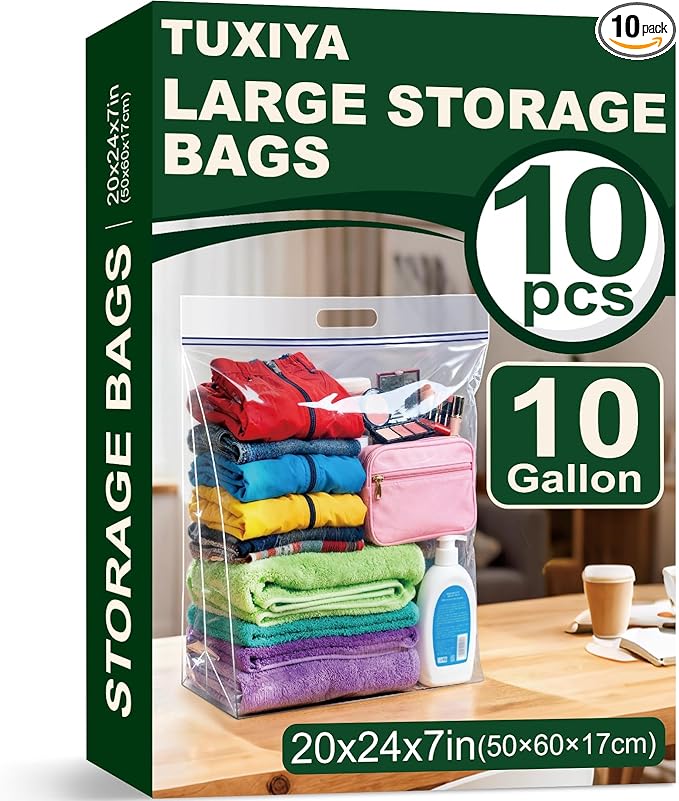 TUXIYA 10 PACK Extra Large Storage Bags, 10 Gallon 24"x20"x7", Resealable Clear Bags with Handle, XL Heavy Duty for Clothes Travel Moving, Double Zipper Seal, Expandable Bottom, Thick 8 Mils